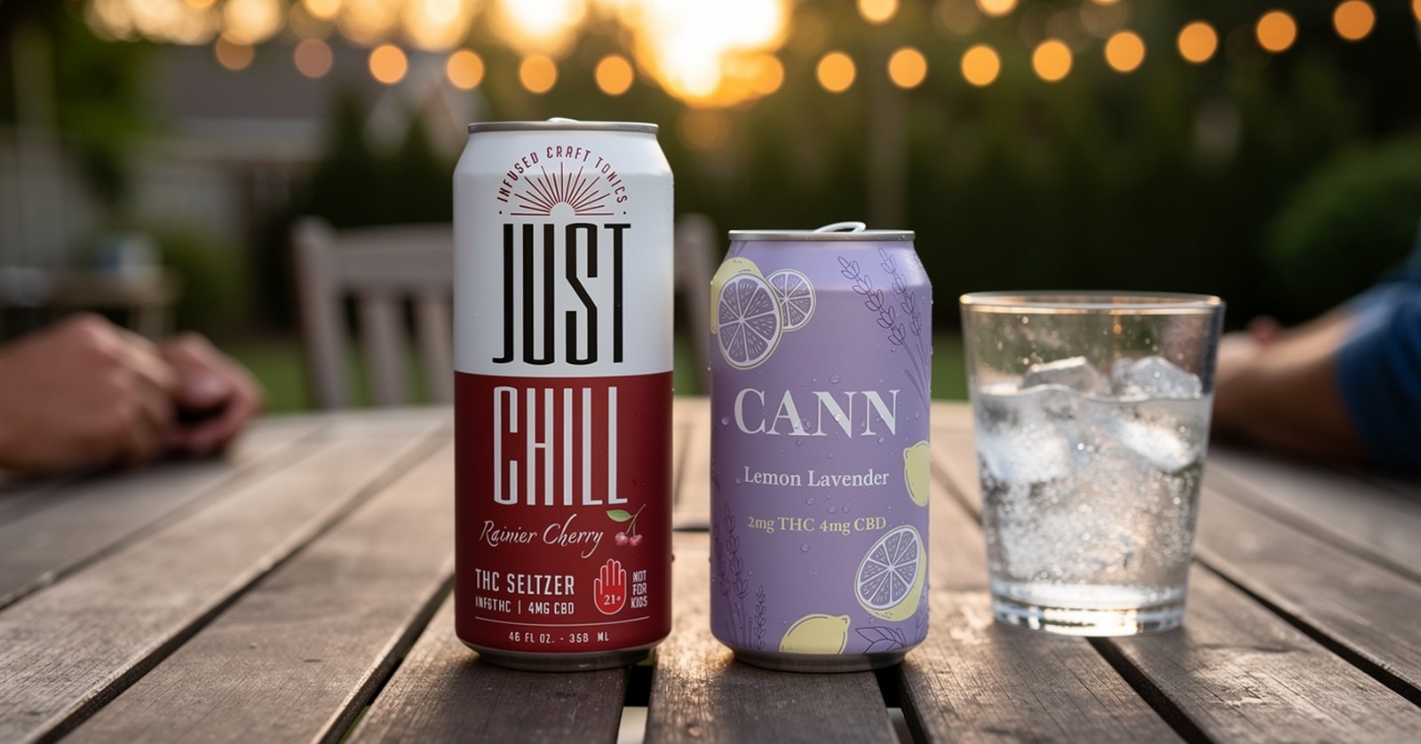 Just Chill Rainier Cherry and Cann Lemon Lavender cans at an outdoor table at dusk