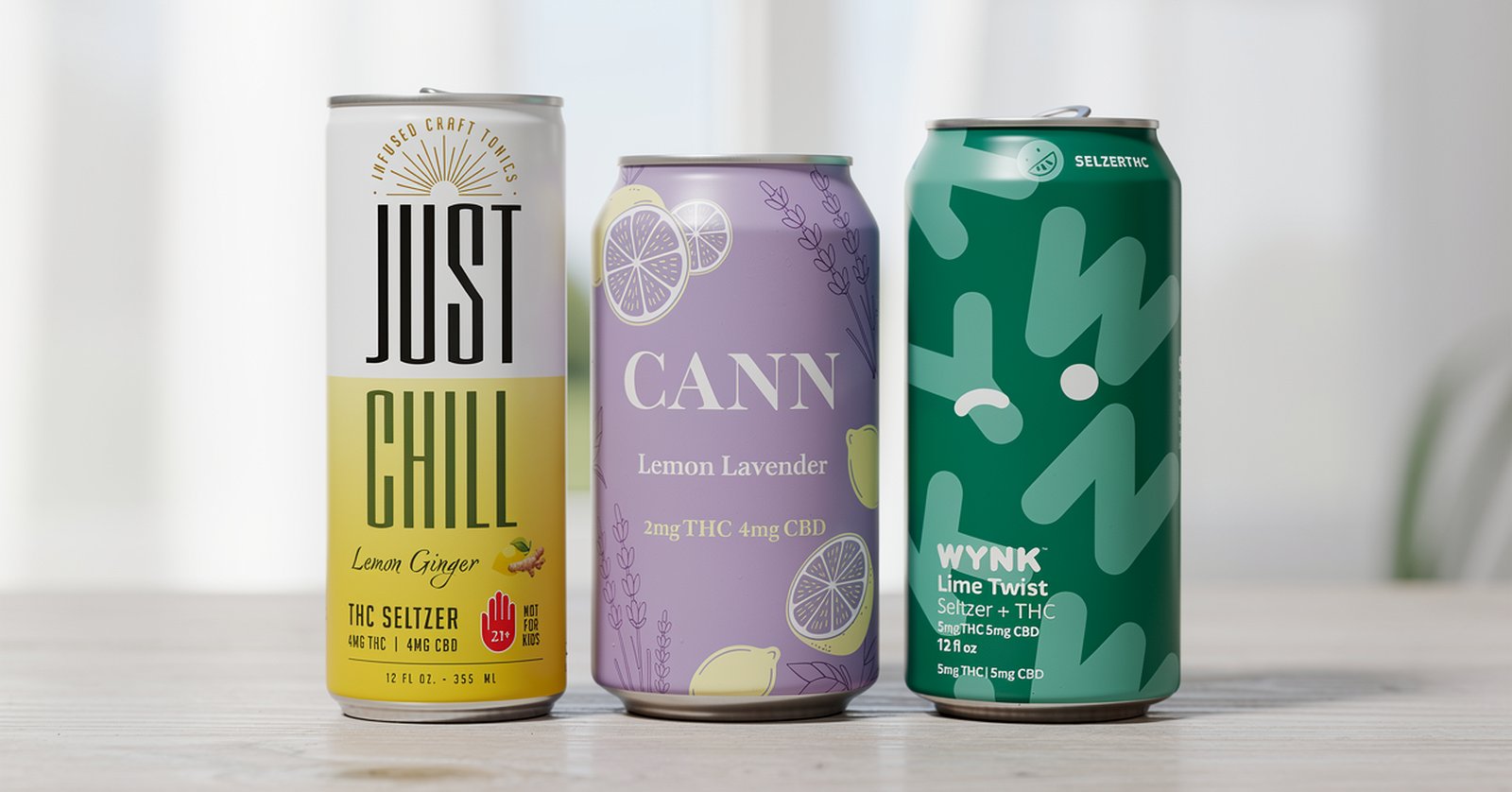 Just Chill Lemon Ginger, Cann Lemon Lavender, and Wynk Lime Twist cans side by side