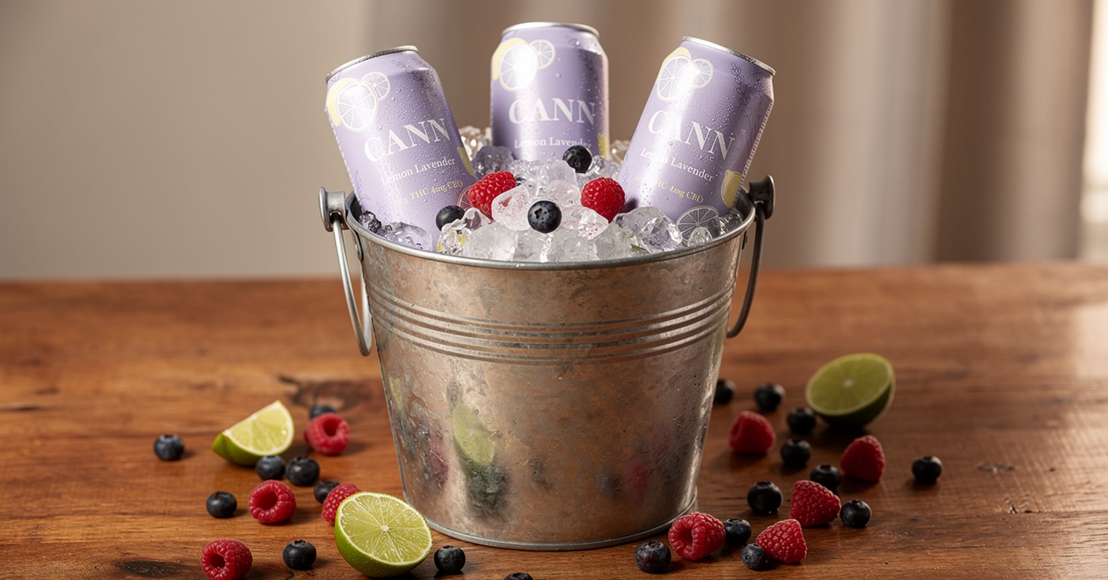 Cann Lemon Lavender cans chilling in an ice bucket with berries and lime