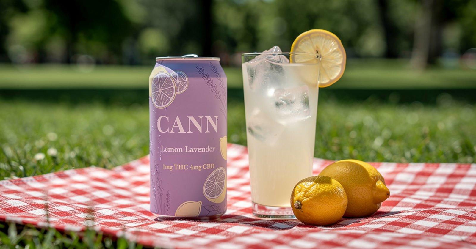Cann Lemon Lavender can and a glass of lemonade on a picnic blanket
