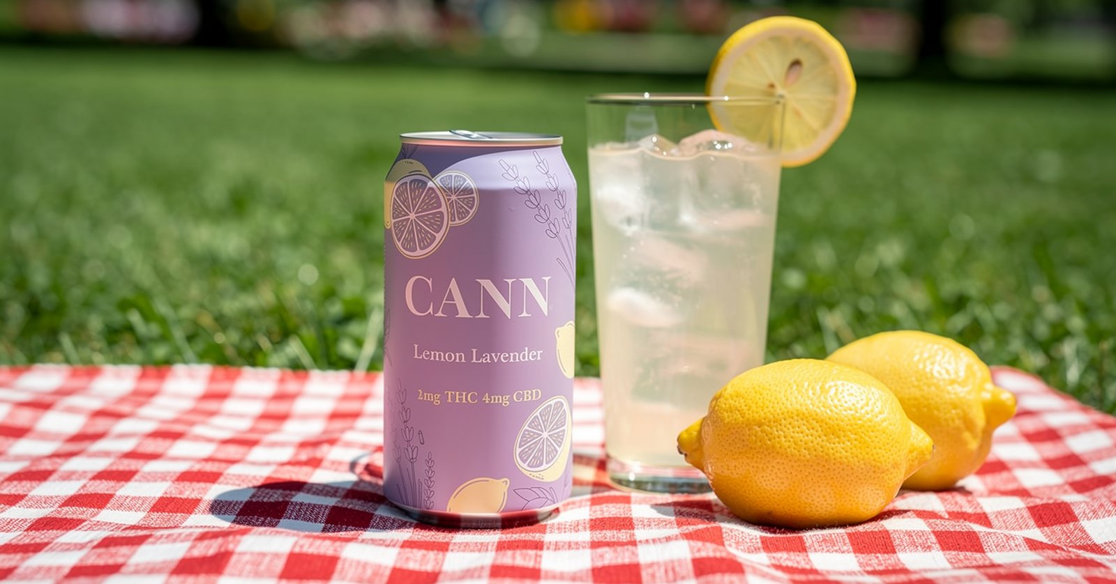 A glass of iced lemonade beside a Cann Lemon Lavender can on a picnic blanket