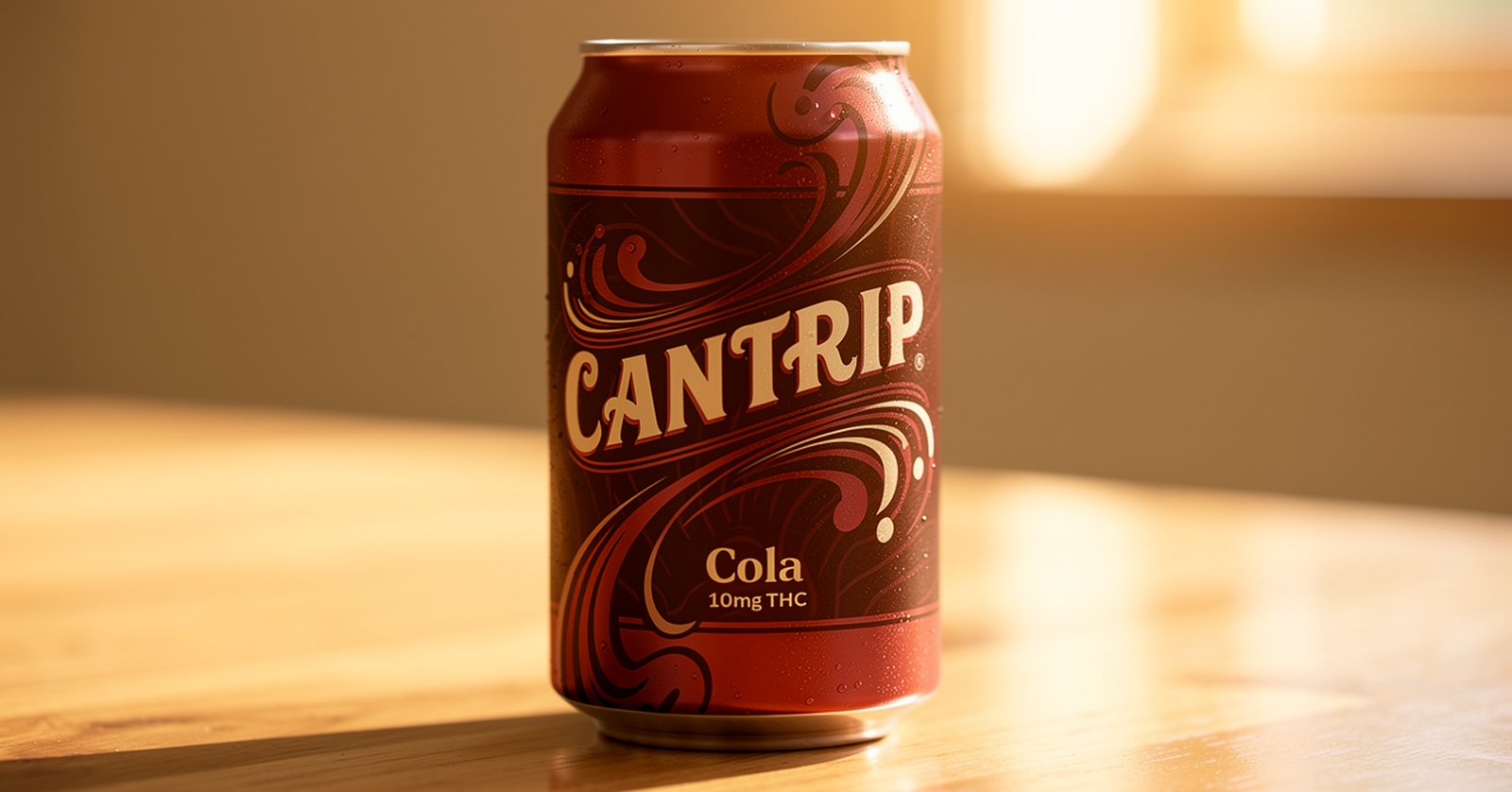 Cantrip Cola 10mg THC can on a wooden table