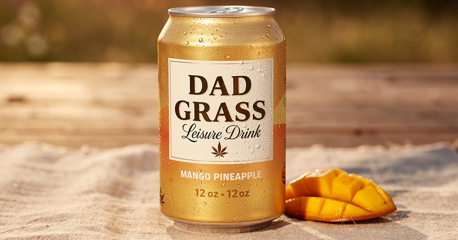 Dad Grass Mango Pineapple can on an outdoor table next to sliced mango