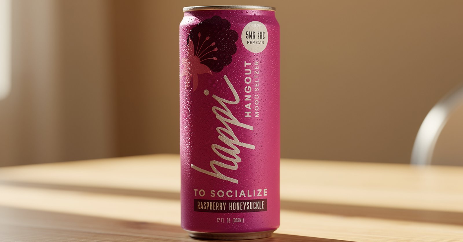 Happi Hangout Mood Seltzer Raspberry Honeysuckle 5mg THC can on a wooden table