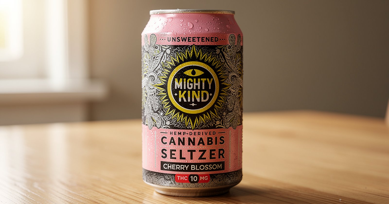 Mighty Kind Cherry Blossom unsweetened 10mg THC seltzer can on a wooden table