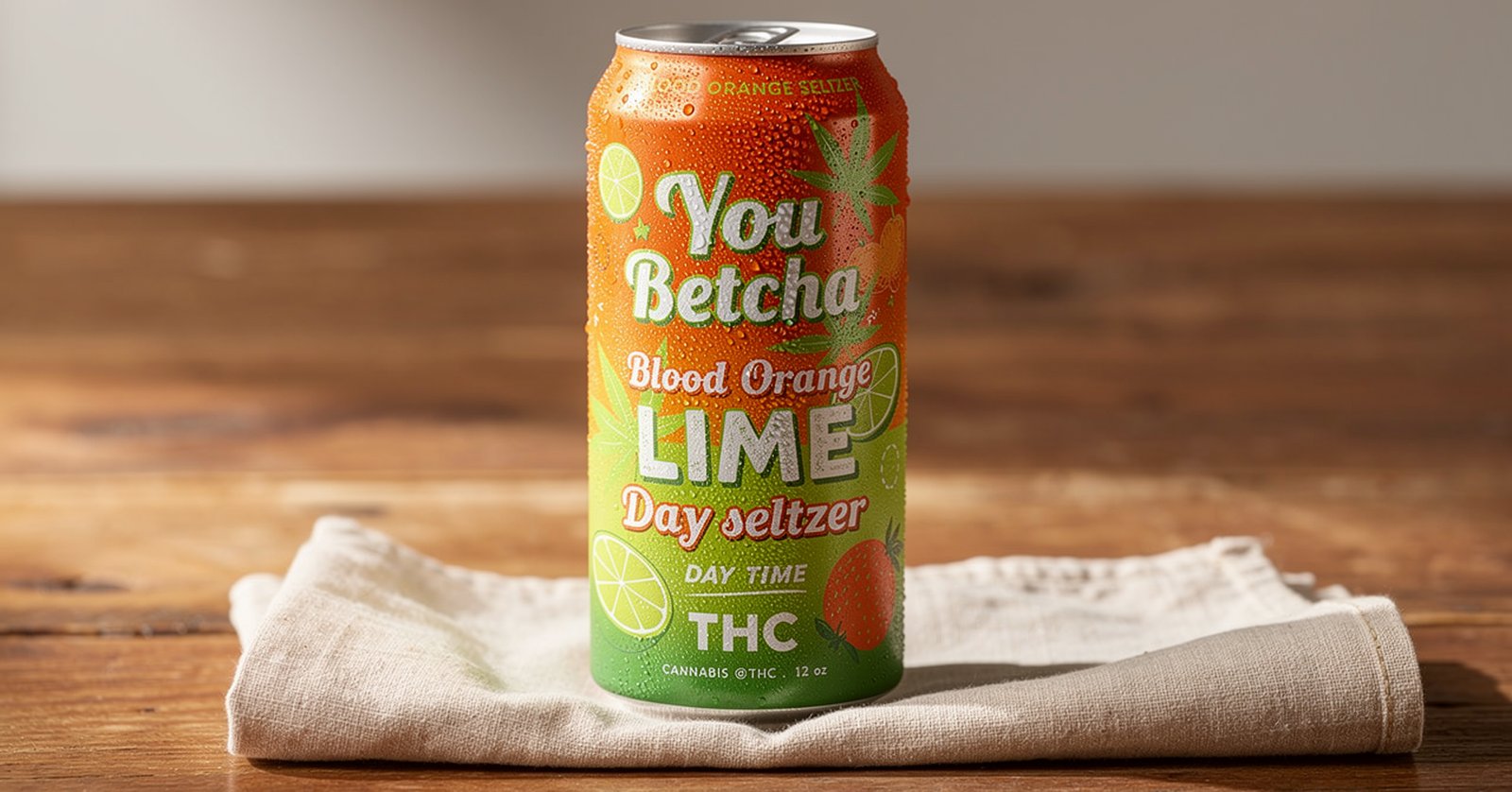 You Betcha Blood Orange Lime Day Time THC seltzer can on linen